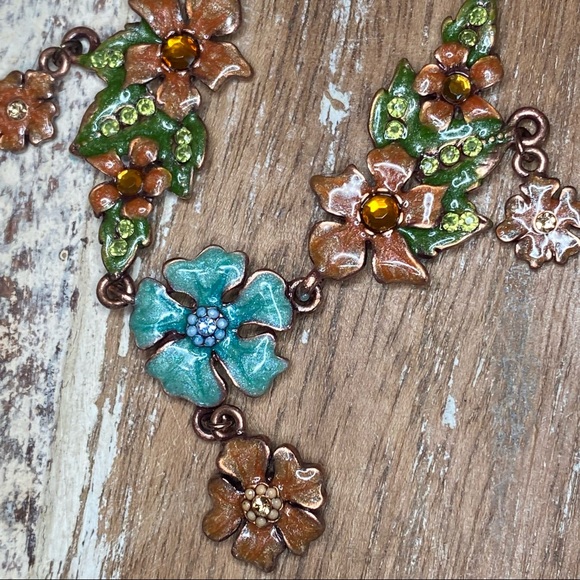 Vintage Enamel Flower Statement Necklace w Sparkly Crystals & Dangles - Picture 2 of 10